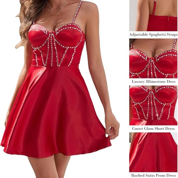 Women's Red Dress Satin Spaghetti Straps w/ Rhinestones, size small - Picture 3 of 4